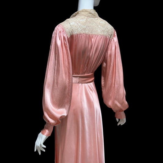 1930s vintage dressing gown robe, Shimmering Peachy pink silk with amazing lace, wrap front house coat loungewear