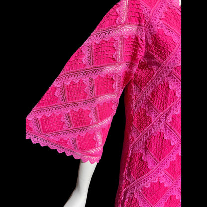 XIHUATL vintage 1960s Mexican cotton day dress, Hot Pink Pintuck Patchwork cotton and lace