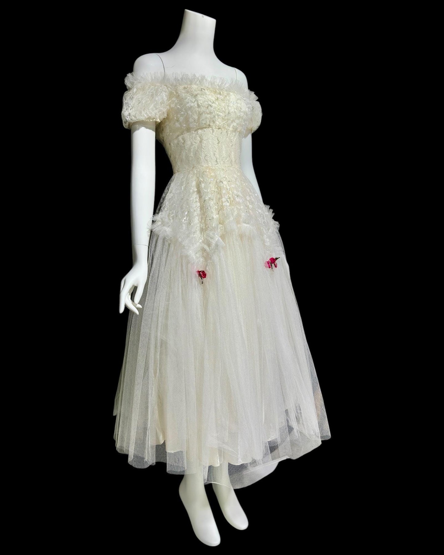 1950s vintage white prom dress, tea length net tulle cupcake evening gown, off the shoulder ball gown