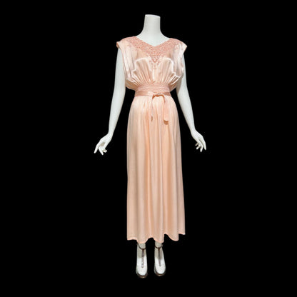 1930s vintage Nightgown slip dress, peachy pink silky smocked night dress