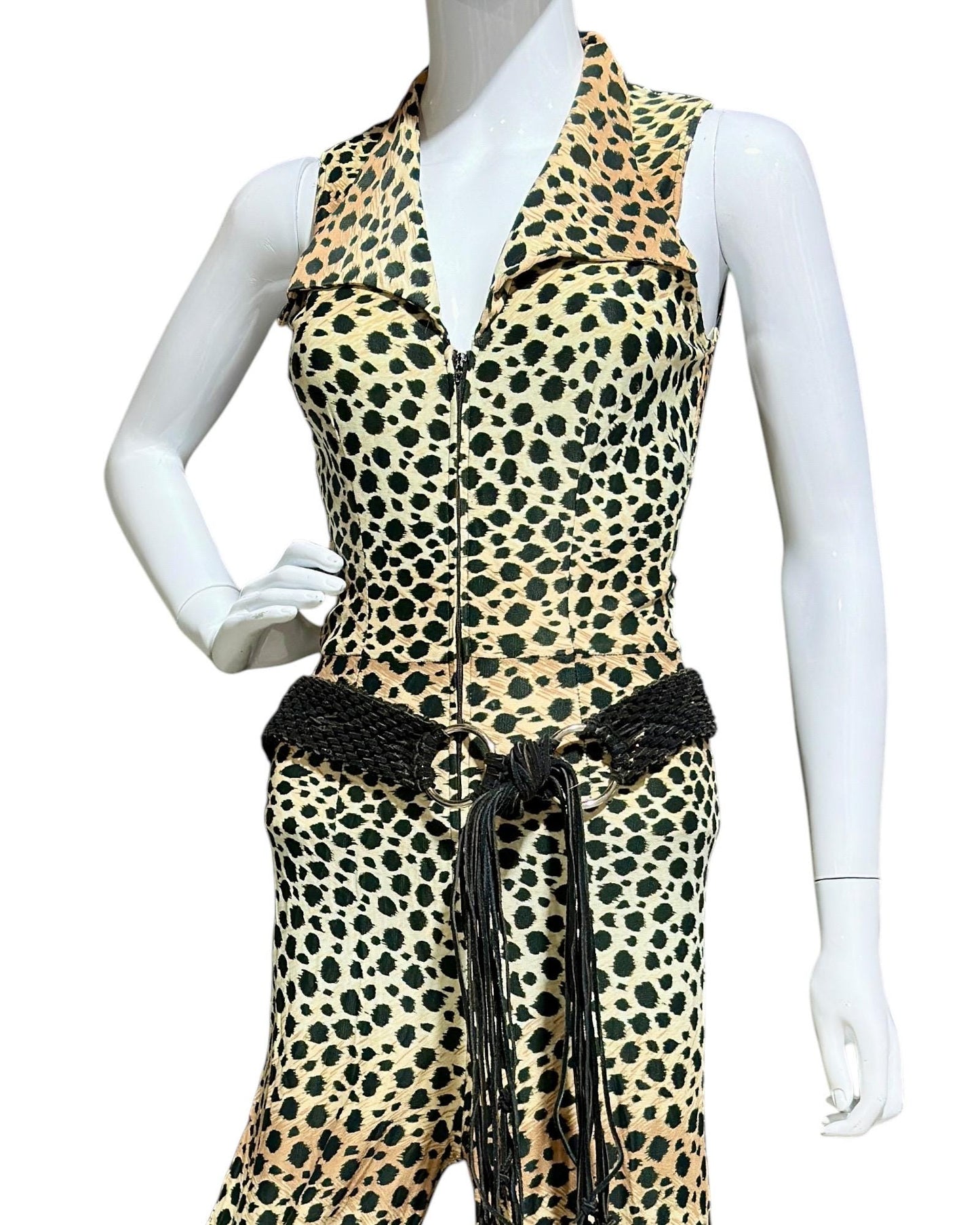 1970s vintage jumpsuit, Animal print BOND GIRL, bell bottom wide leg zip up jump suit