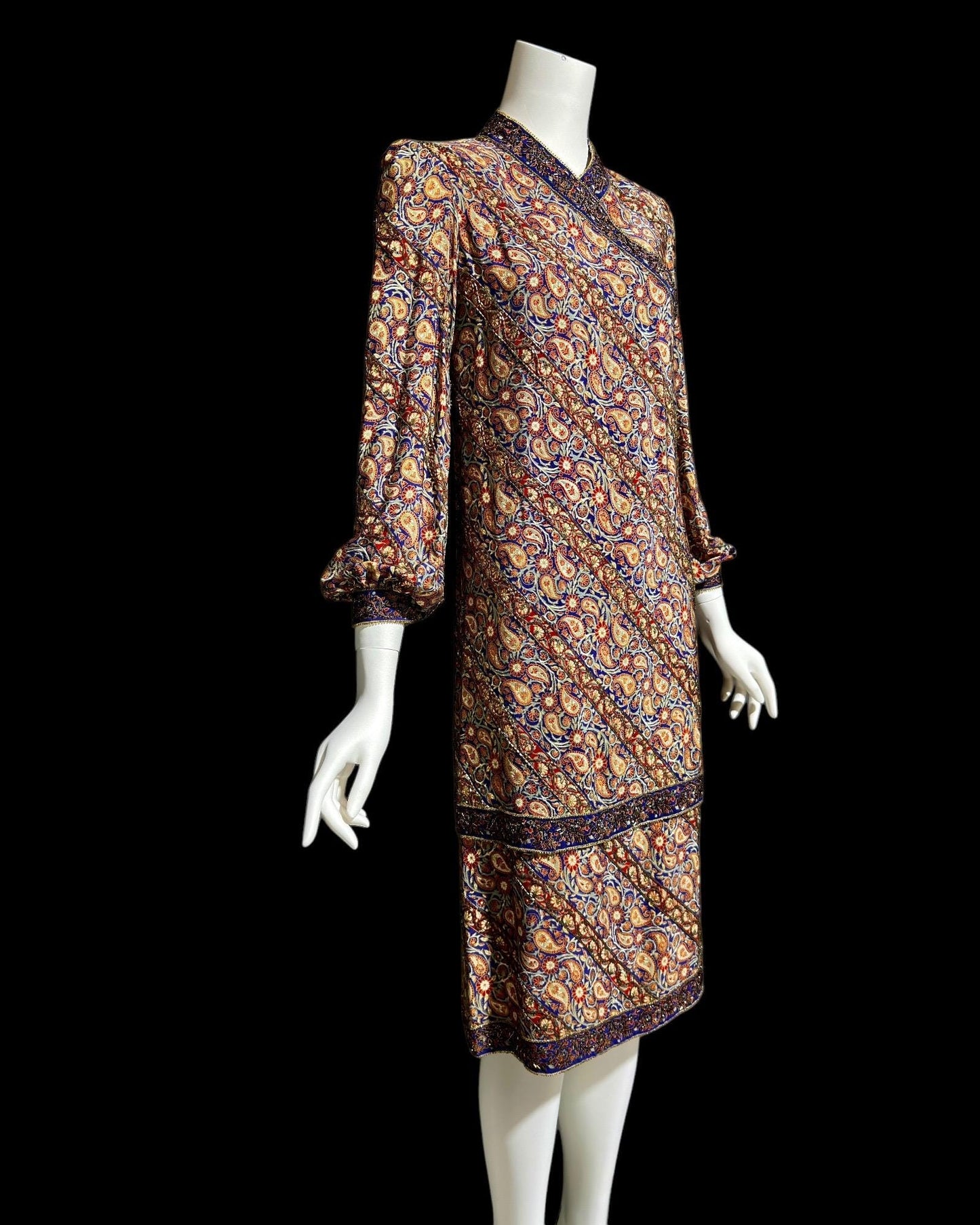 1960s vintage silk shift dress, long sleeve beaded paisley cocktail party dress