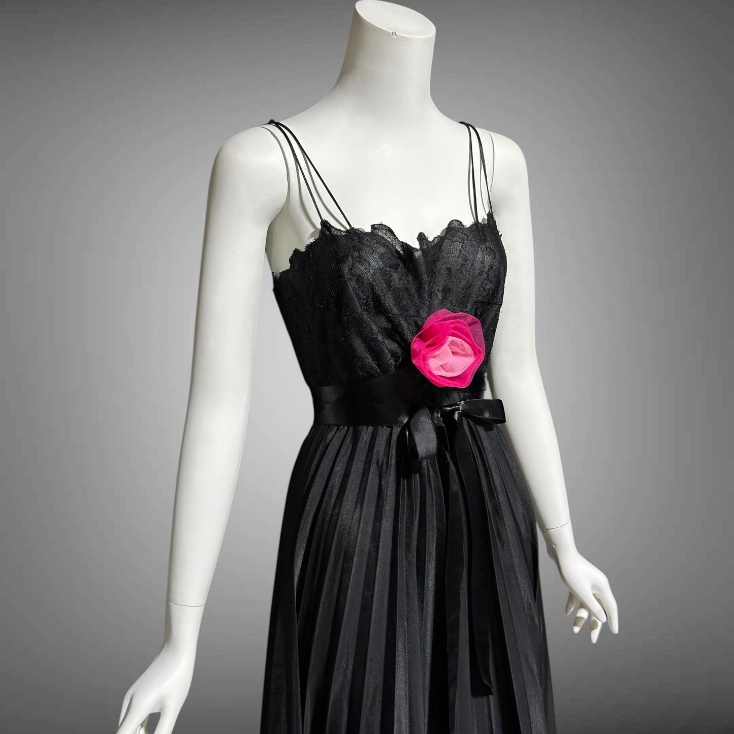VANITY FAIR, vintage 1950s nightgown slip dress, Black sheer chiffon full pleated night dress, rosette Grecian goddess gown