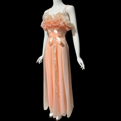 VANITY FAIR, vintage 1950s nightgown slip dress, peaches and cream sheer chiffon ruffles Grecian goddess gown