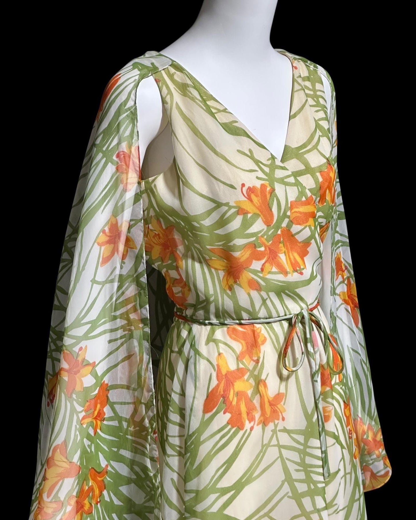 MARITA vintage evening dress gown, 1970s floral poly chiffon cape back scarf dress