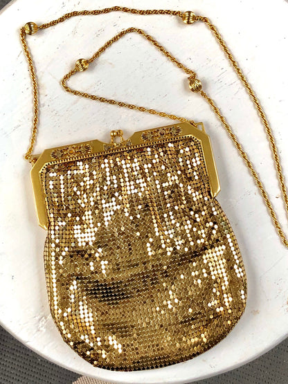 WHITING & DAVIS vintage 1960s mesh bag purse, gold mesh dance evening bag