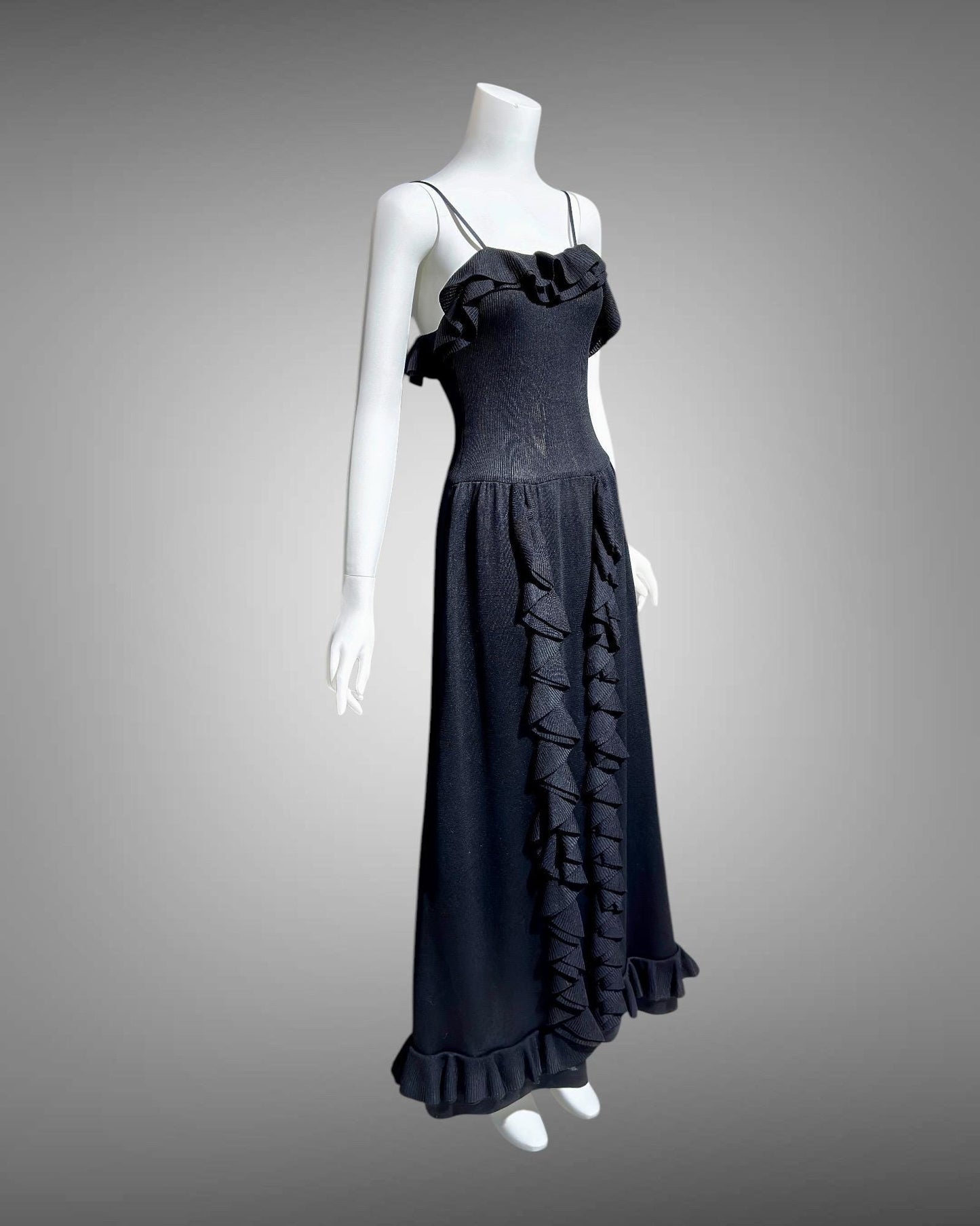 CRISSA 1970s vintage black knit ruffled slip dress, long maxi evening dress with ruffles