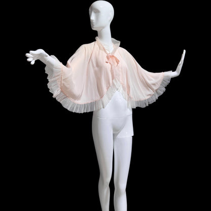 1930s antique vintage pale pink bed jacket, Ruffled satin bed cape robe, one size
