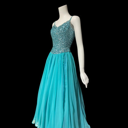 MIKE BENET, vintage 1960s evening dress, mermaid teal blue chiffon beaded sequins prom dress