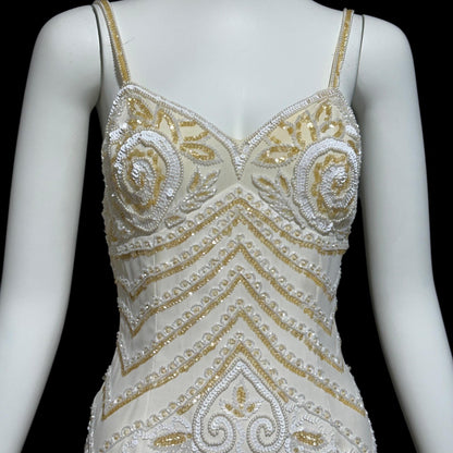 EVA HAYNAL FORSYTH, Vintage 1990s evening wedding dress, off white beaded sequins mermaid sheath slip dress gown
