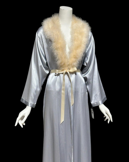 NATORI vintage 1980s dressing gown robe, shiny silver grey marabou feather trim peignoir housecoat