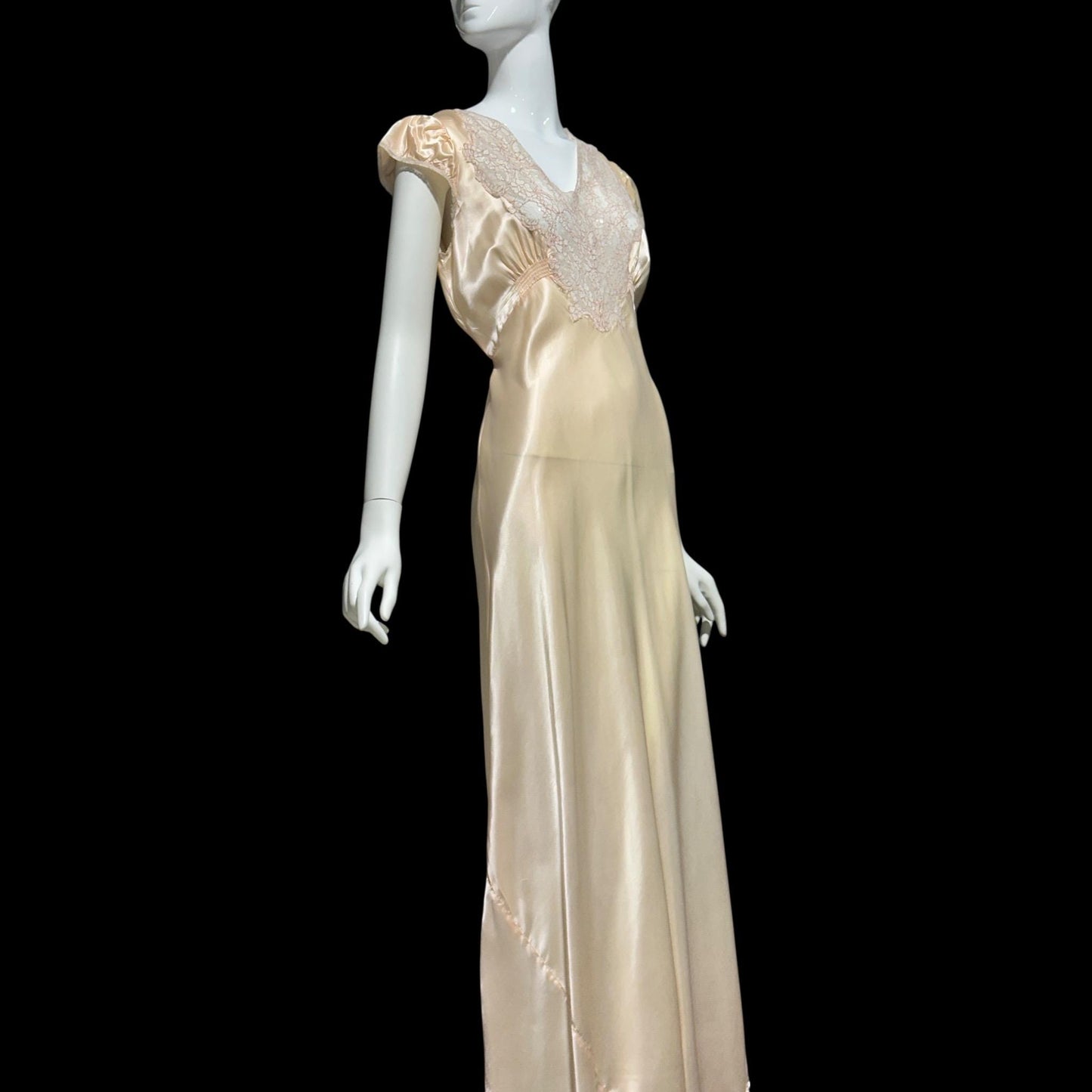 Femicraft vintage 1930s Rayon Slip Dress: Bias Cut Shiny Pale Peach Nightgown, Lace Trim
