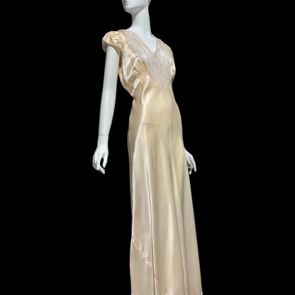 Femicraft vintage 1930s Rayon Slip Dress: Bias Cut Shiny Pale Peach Nightgown, Lace Trim