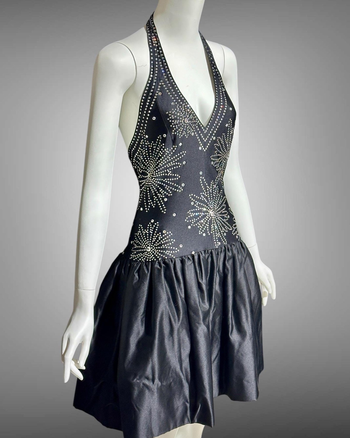 1980s vintage evening cocktail dress, stretchy black halter top with bubble mini skirt party dress