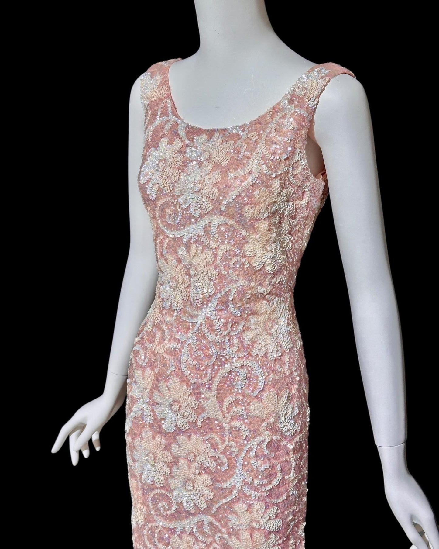 1960s vintage pink sequin slip tank cocktail dress, Wool knit Stretchy bombshell cut