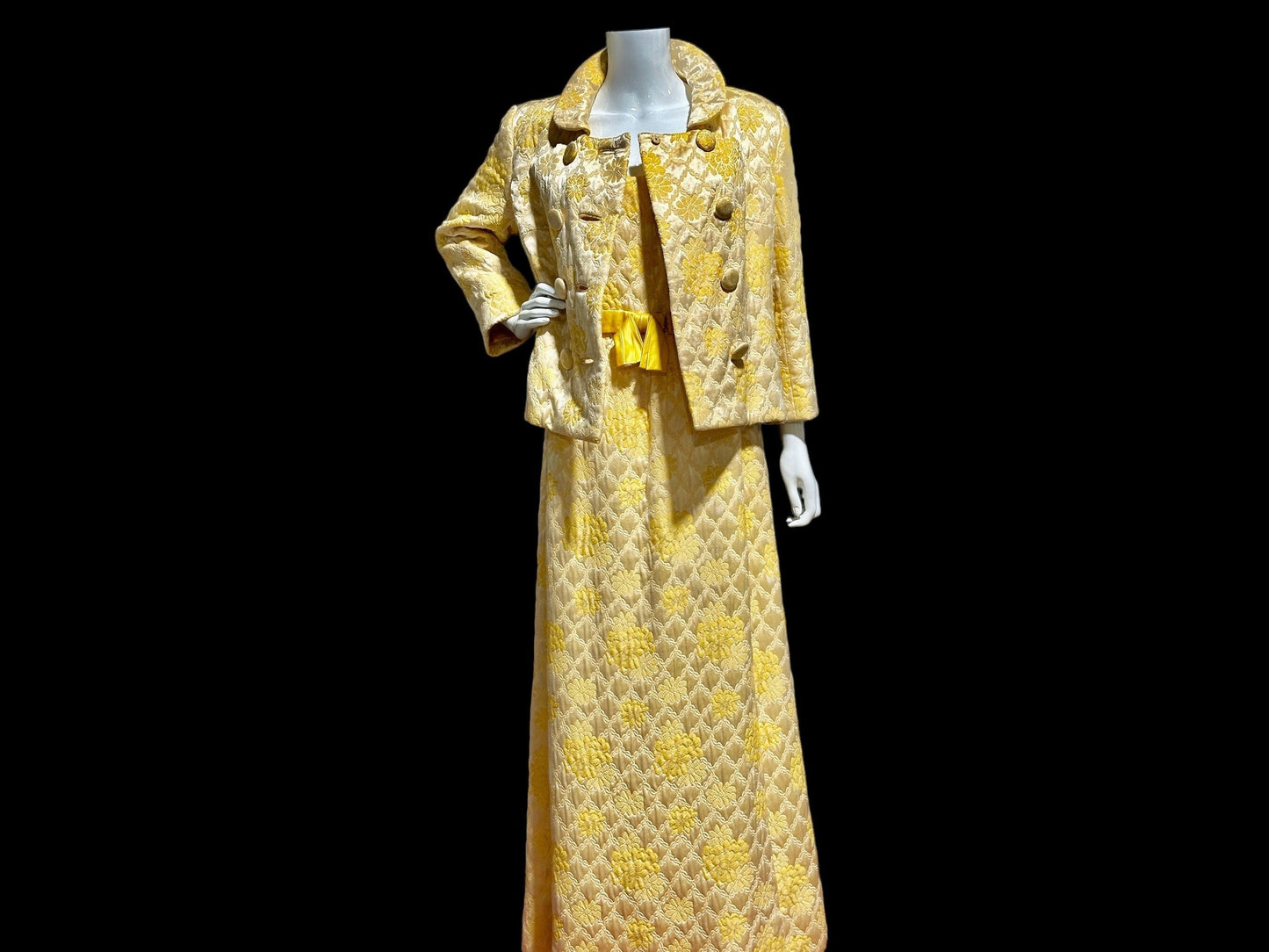 MOLLIE PARNIS Nan Duskin 1960s vintage evening dress, gold floral silk damask 2 pc gown and matching coat ensemble