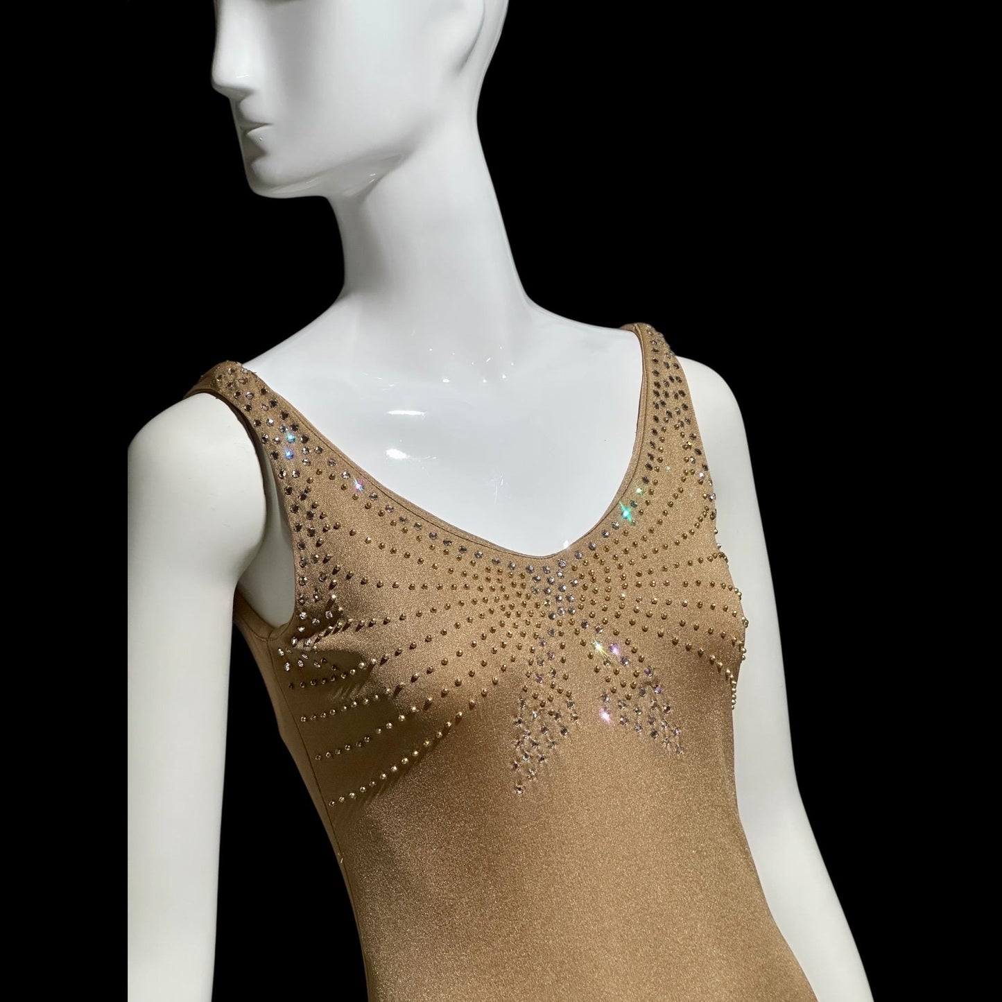 YOUNG DIMENSIONS SAKS Fifth Ave, vintage 1970s evening dress, Bronze slinky metallic knit maxi slip dress, Disco party cocktail dress
