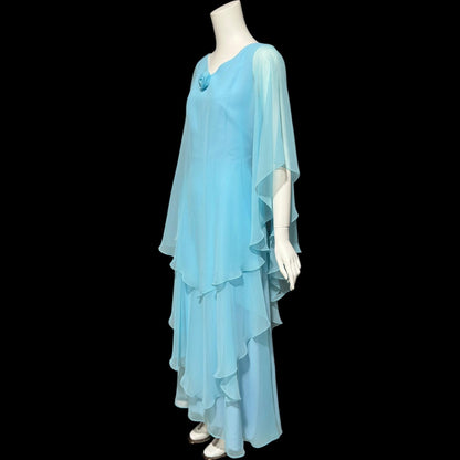 1960s vintage evening dress, turquoise blue poly chiffon scarf cape dress gown