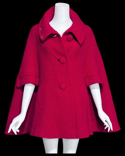 FRANKLIN SIMON, 1960s Mod red swing cape jacket, nubby wool button front car coat