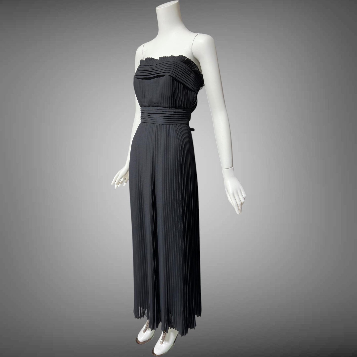 PILAR ROSSI COUTURE evening dress, vintage 1990s strapless pleated black gown