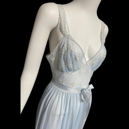 ROGER'S RUN-PROOF 1950s vintage Nightgown: powder blue sheer Nylon Slip Dress with white embroidery