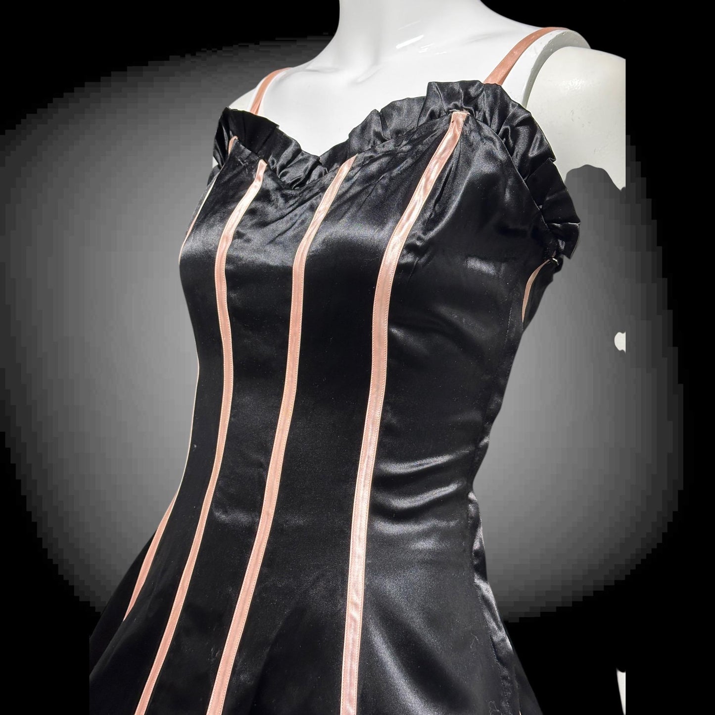 1940s vintage Evening Ball Gown: Black Shiny Satin full sweep formal dress with pink ribbon stripes