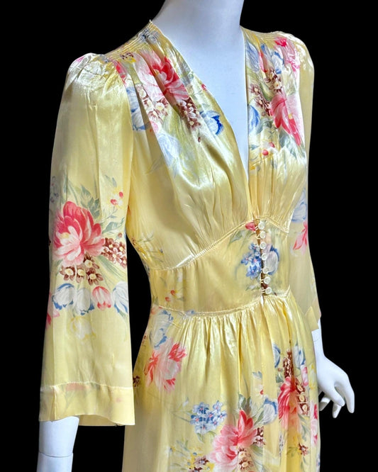 RADCLIFFE vintage 1940s satin dressing gown, yellow and pink floral satin button front housecoat