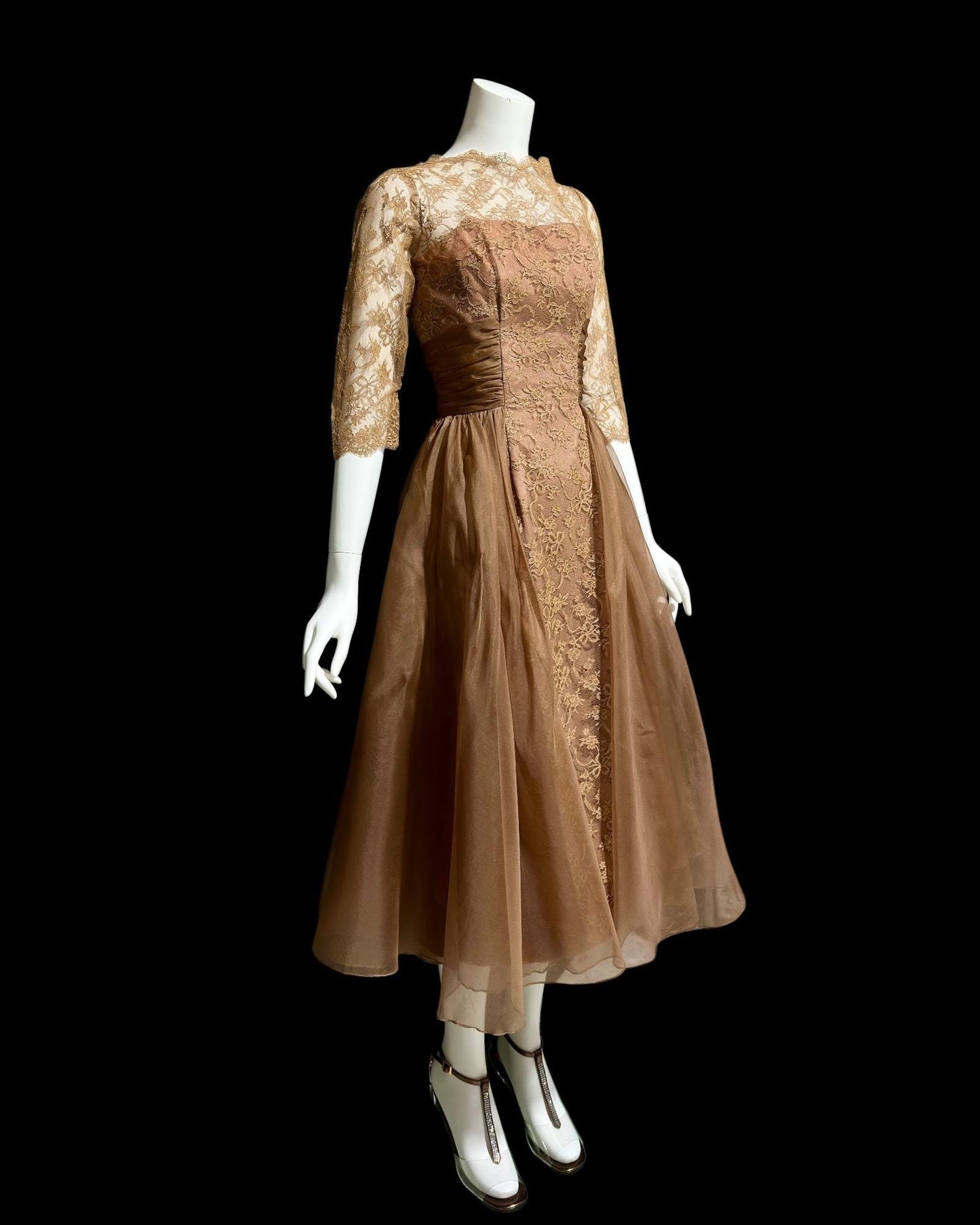 CLIFTON WILHITE vintage 1950s dress, Mocha Mousse lace organza evening cocktail party dress