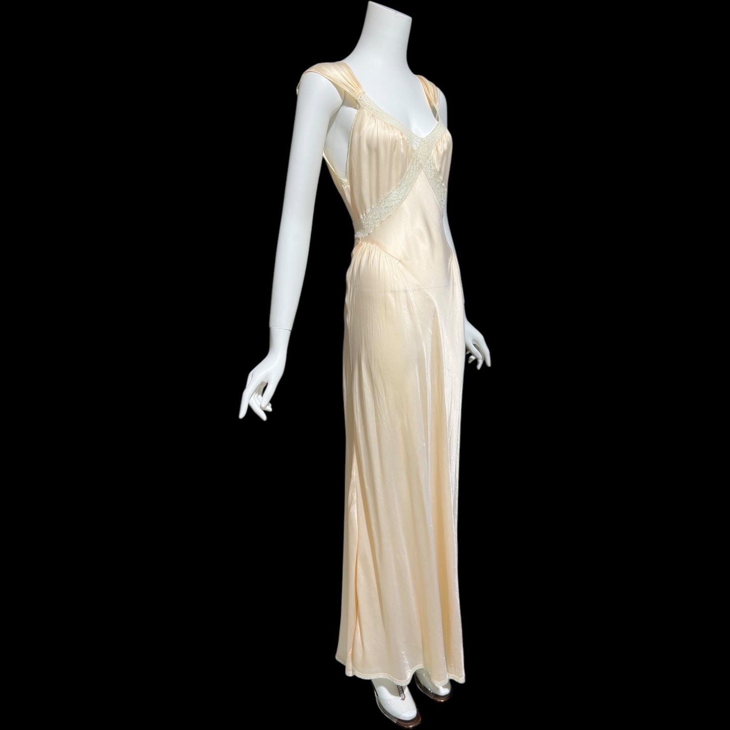 LAROS, vintage 1940s nightgown slip dress, soft peach bias cut Bemberg rayon slip dress