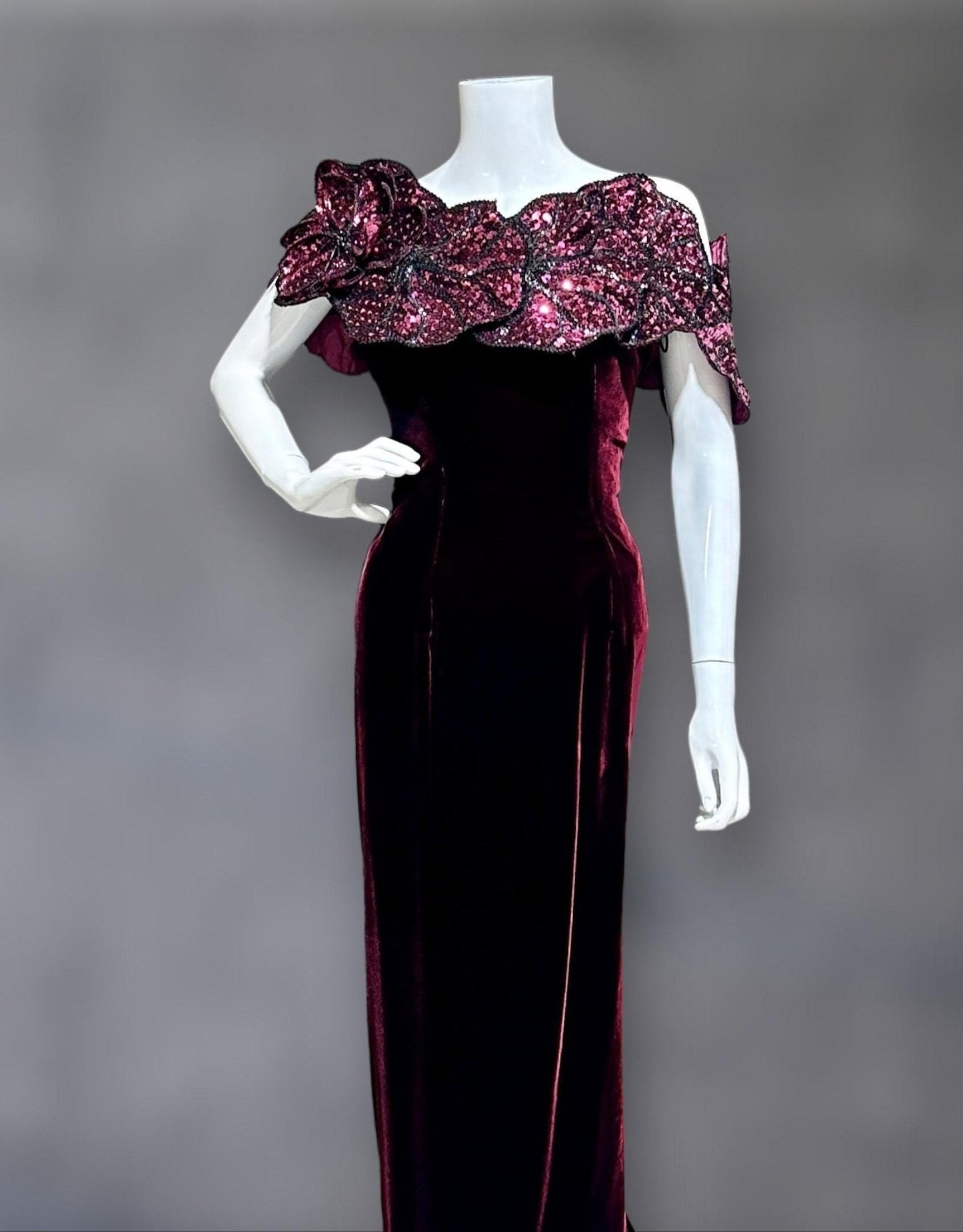 EUGENE ALEXANDER 1980s vintage evening gown, burgundy velvet sheath dress, HUGE Sequin Flowers