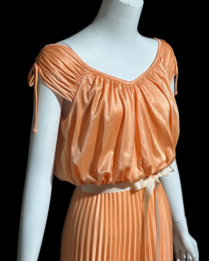 1970s vintage evening dress, peach blouson pleated jersey knit goddess gown