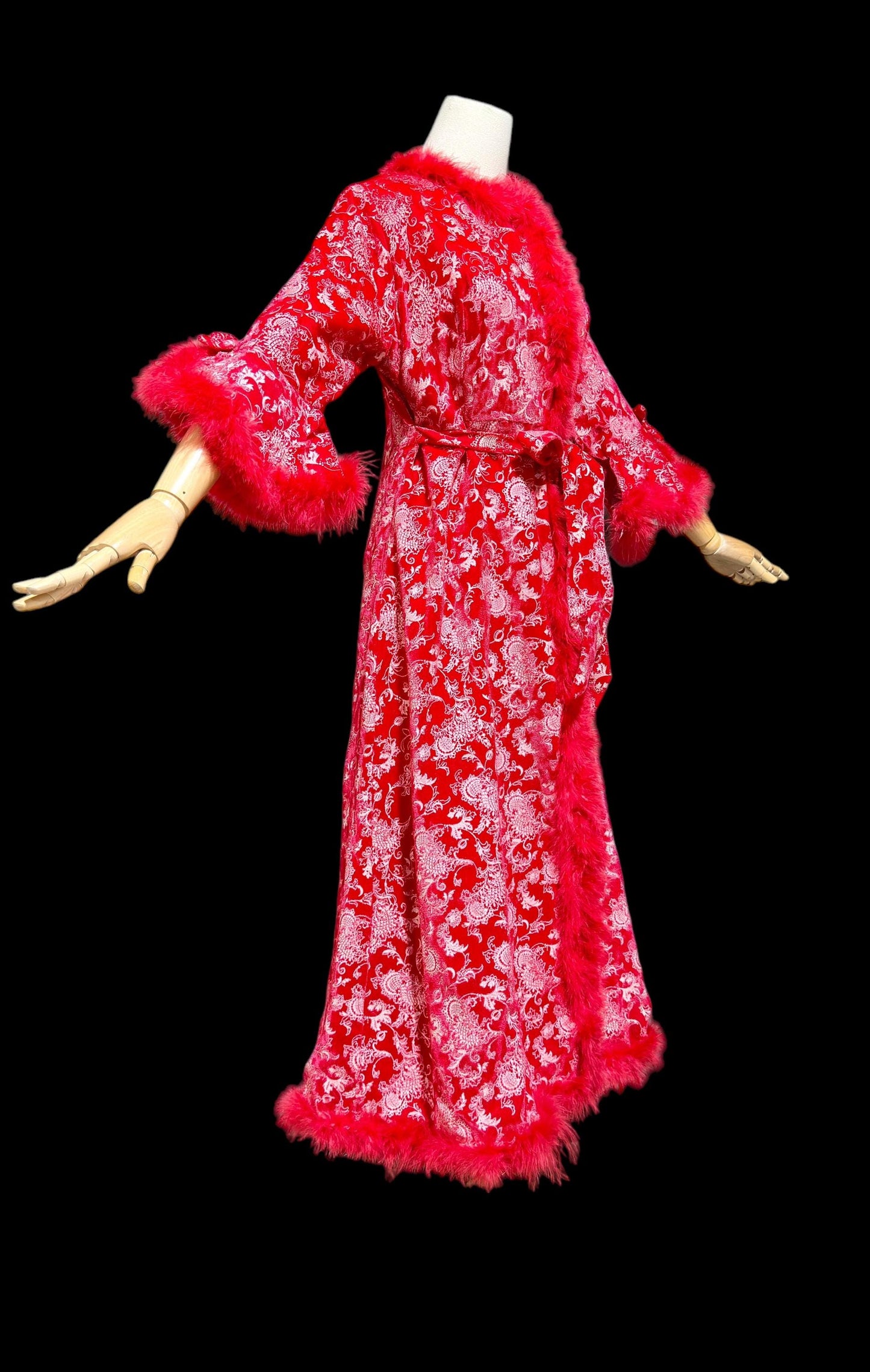 1970s vintage red velvet robe with marabou feather trim, wrap style housecoat