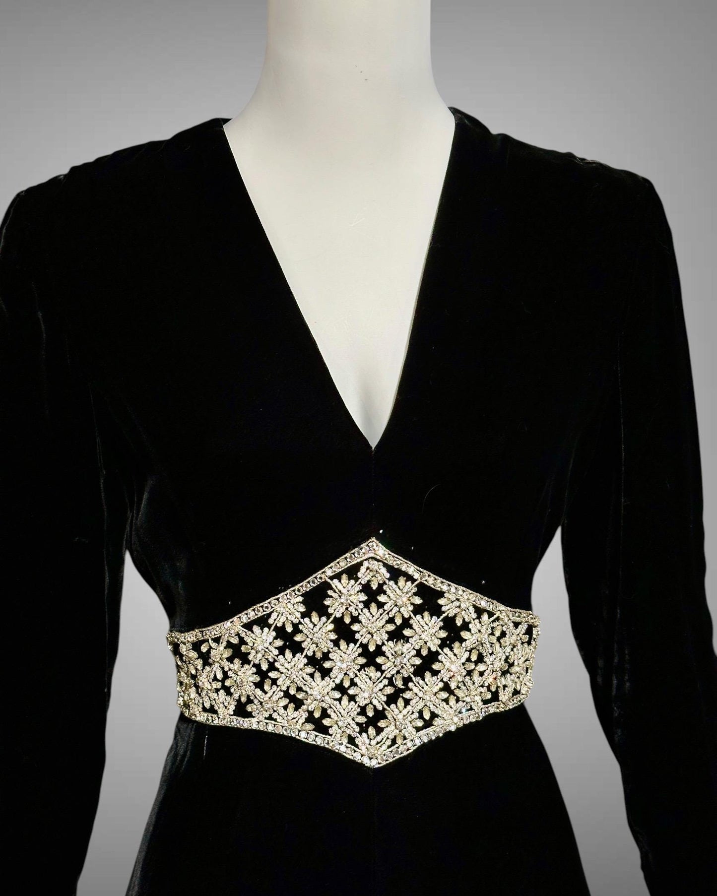 MOLLIE PARNIS for SAKS black velvet cocktail dress, 1960s Rhinestone encrusted waist