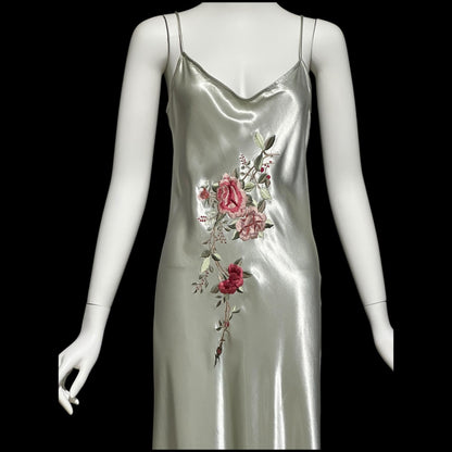 BONNIE STRAUSS, vintage 1990s slip dress, shiny satin bias cut sheath embroidered gown, 1940s style gown