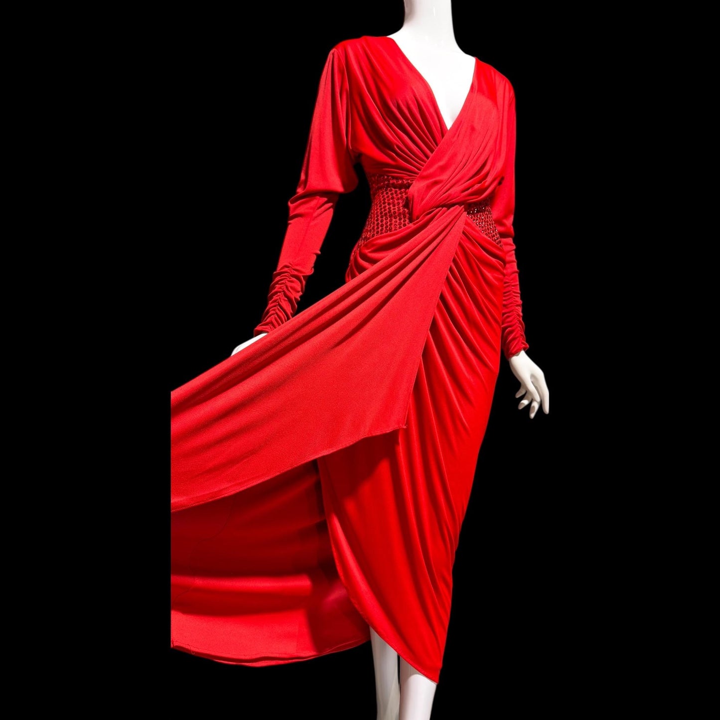 TADASHI Vintage evening dress gown, 1980s glam red sequin sarong gown