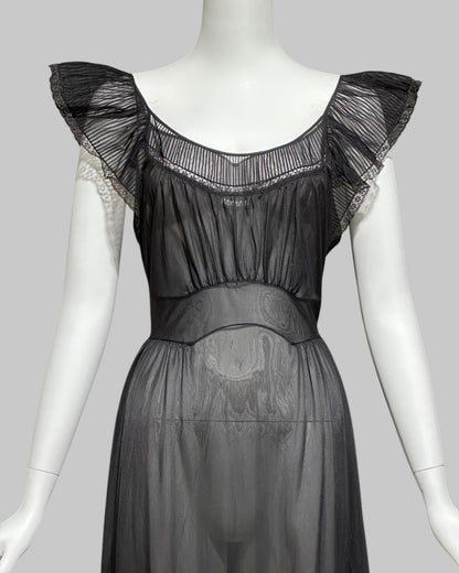 KAYSER vintage 1950s nightgown slip dress, ethereal sheer black chiffon and lace micro pleat gown