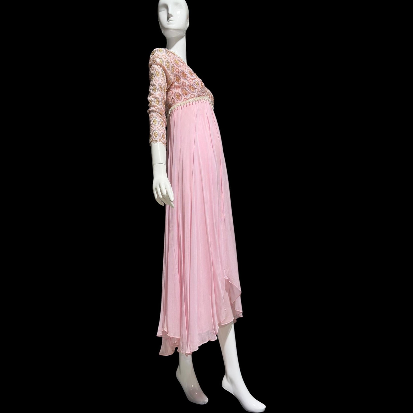 1960s Vintage evening dress, pink Bridgerton silk chiffon empire waist beaded lace formal scarf gown