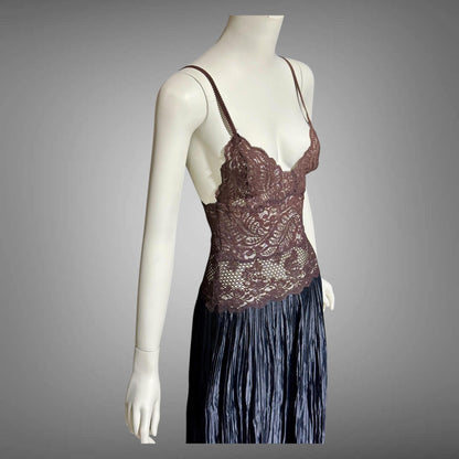 FERNANDO SANCHEZ, vintage 1970s Nightgown, Black and Chocolate lace plisse gown