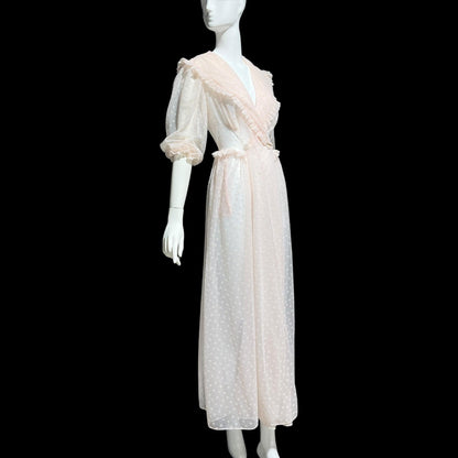 VANITY FAIR, 1940s Sheer Dressing Gown: Vintage Pink Flocked Robe, Wrap front