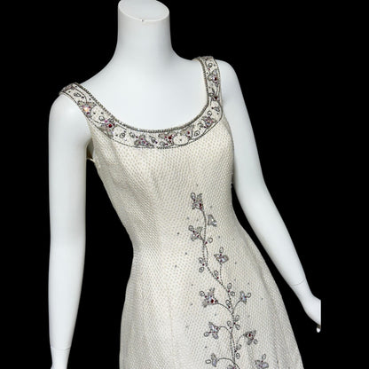 JEAN LOUIS 1960s vintage White beaded evening dress, ball gown Wedding dress, Beads and Rhinestones Sparkle