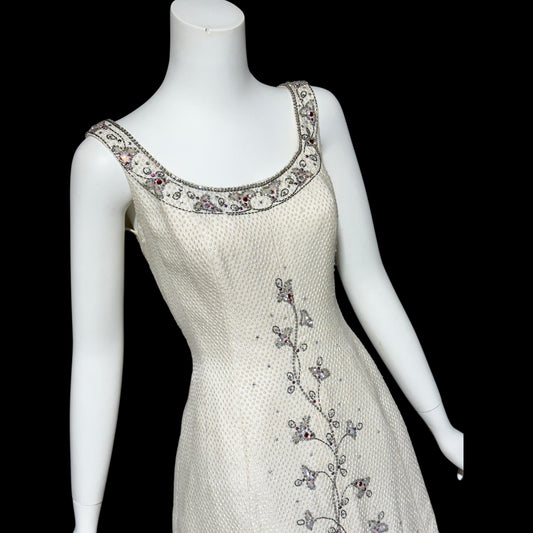 JEAN LOUIS 1960s vintage White beaded evening dress, ball gown Wedding dress, Beads and Rhinestones Sparkle