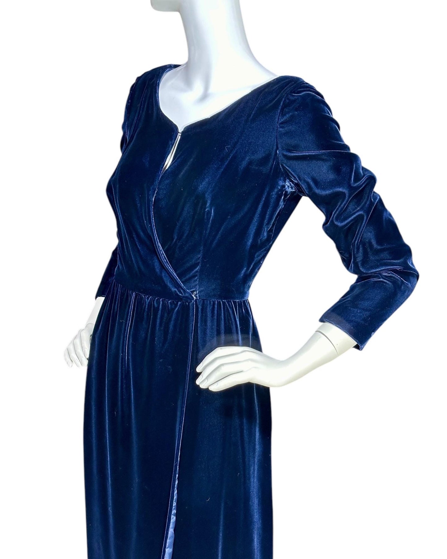 MOLLIE PARNIS vintage 1960s blue velvet wrap evening dress, Morty Sussman