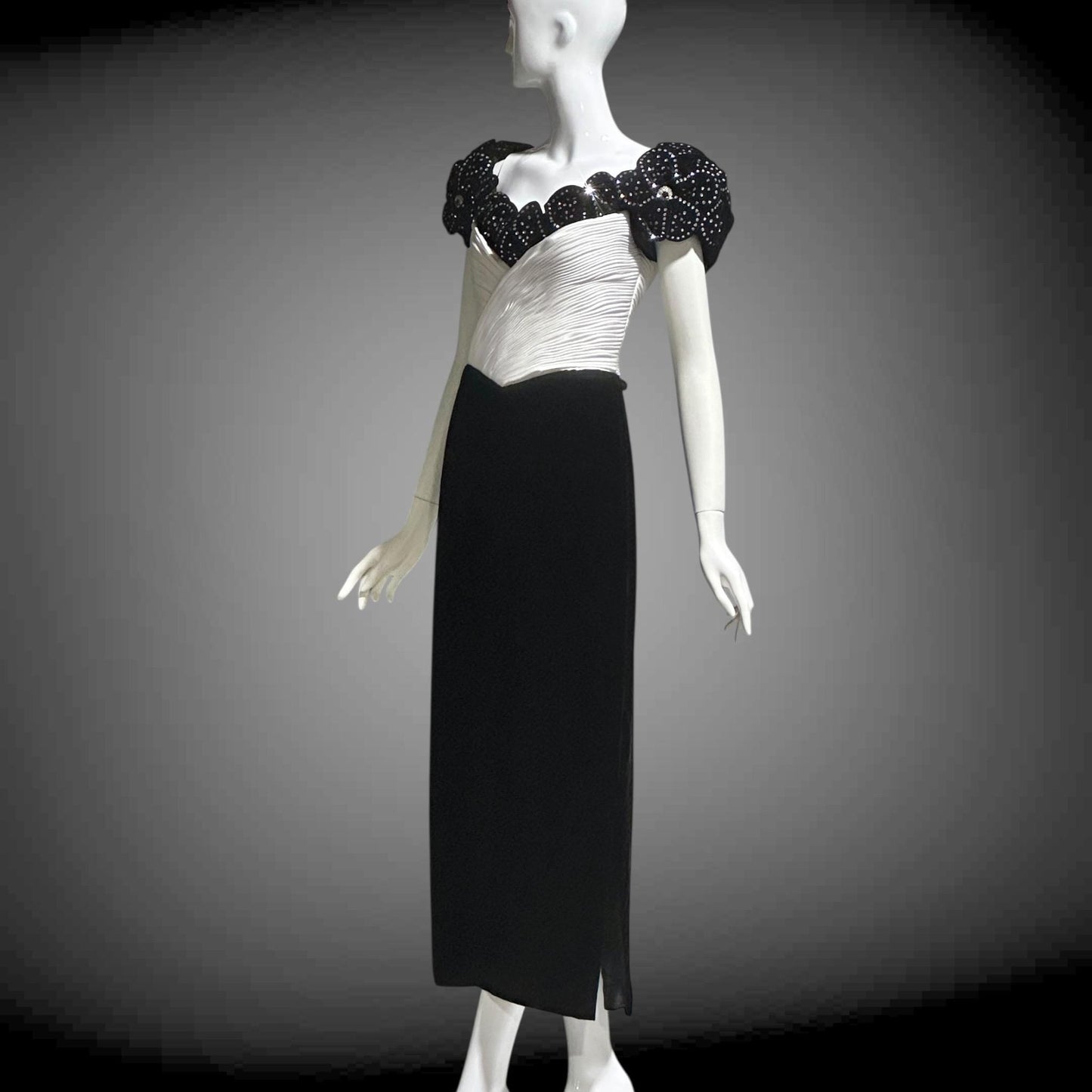 1980s Vintage evening dress gown,  Black Velvet White Plisse and Rhinestones off shoulder gown