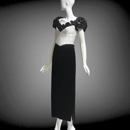 1980s Vintage evening dress gown,  Black Velvet White Plisse and Rhinestones off shoulder gown