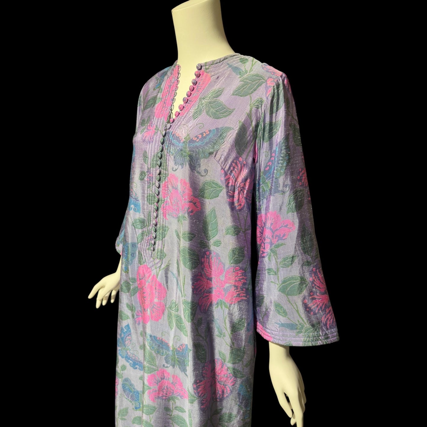 JIM THOMPSON, vintage 1960s Thai Silk caftan maxi dress, dusty blue flowers butterflies Hippie Boho Kaftan