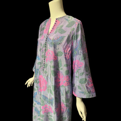 JIM THOMPSON, vintage 1960s Thai Silk caftan maxi dress, dusty blue flowers butterflies Hippie Boho Kaftan