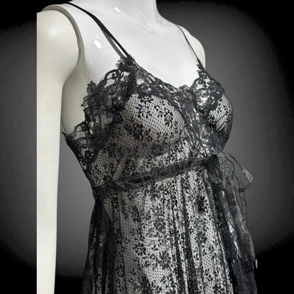 GLYDON'S vintage nightgown slip dress, Hollywood 1960s sheer black lace full length lingerie dress