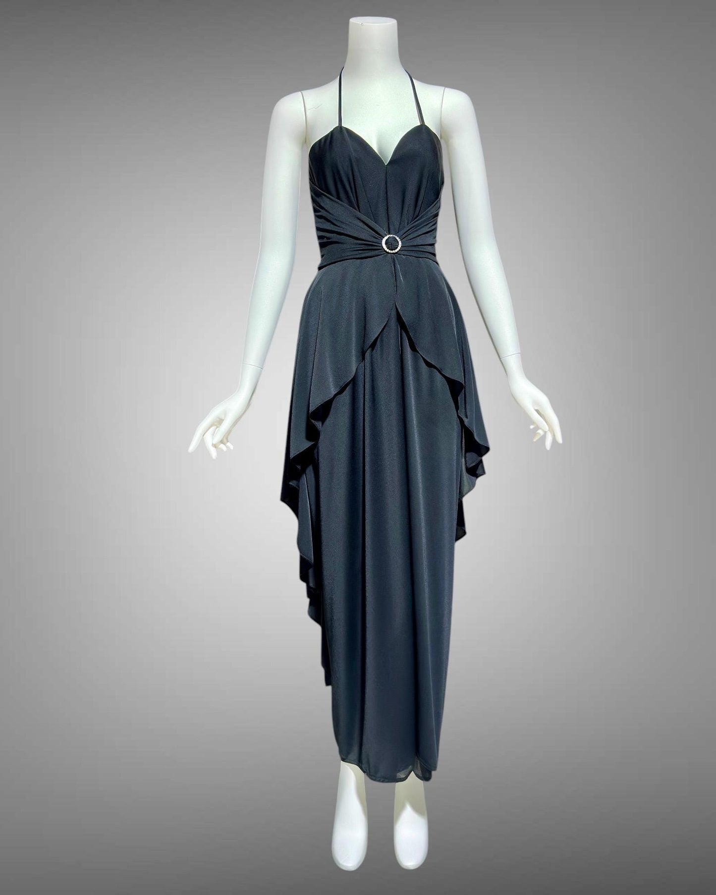 FRANK USHER 1970s vintage Black disco halter Dress, Bustier bodice and Long Peplum skirt