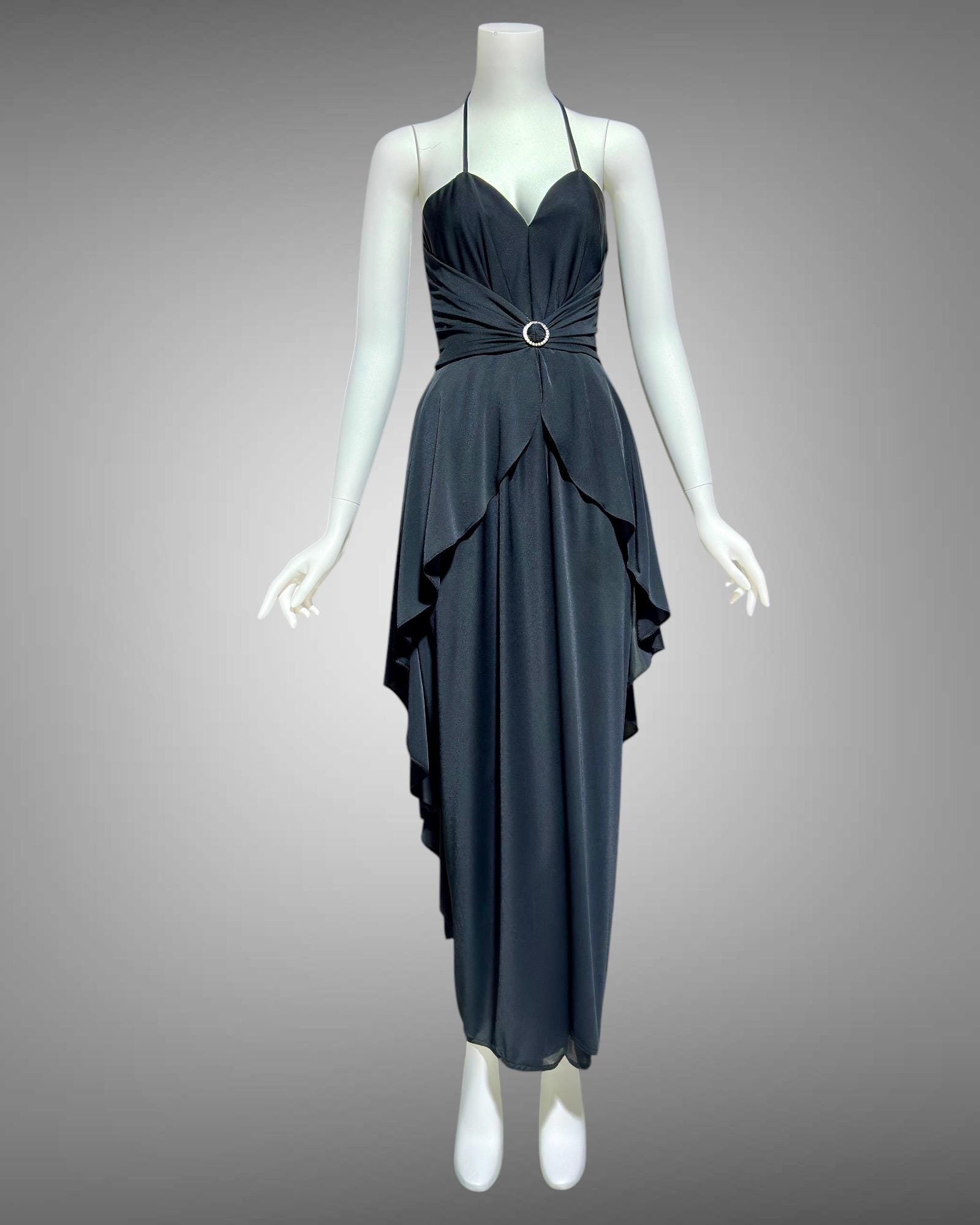 FRANK USHER 1970s vintage Black disco halter Dress, Bustier bodice and Long Peplum skirt