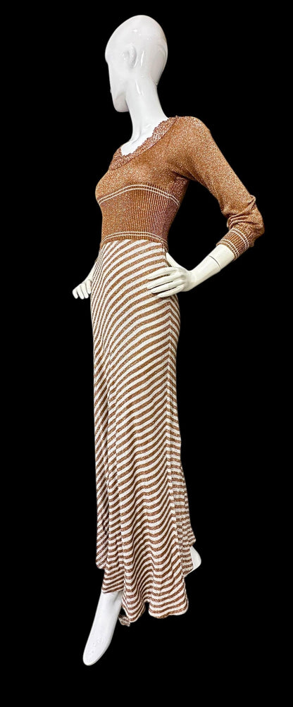 WENJILLI, vintage 1970s lurex maxi dress, Copper Metallic lurex Knit Maxi Dress Crochet Neckline